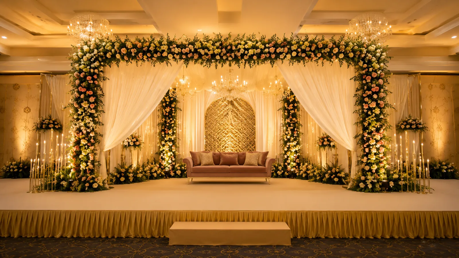 Grand wedding stage with cream and gold drapes and floral columns